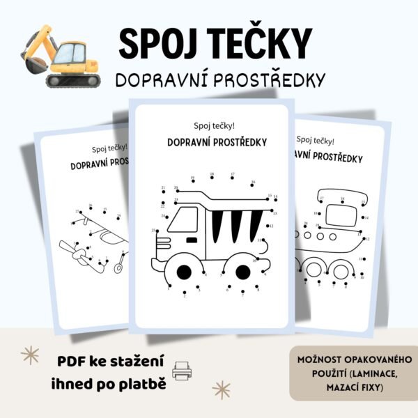 Spoj tečky – dopravní prostředky (30 pracovních listů + diplom)
