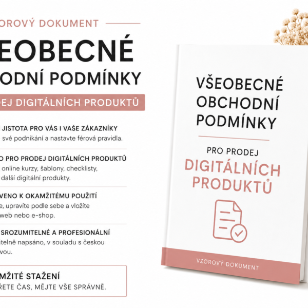 Vzor VOP pro prodej digitálních produktů Pro ebooky, online kurzy, šablony, checklisty i členské sekce. ✔ připraveno k úpravě ✔ srozumitelně napsané ✔ v souladu s českou legislativou ✔ okamžité stažení