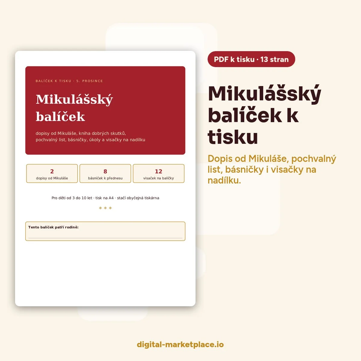 Náhled Mikulášského balíčku k tisku – dopis od Mikuláše, pochvalný list a visačky na nadílku v červeno-zlatých barvách
