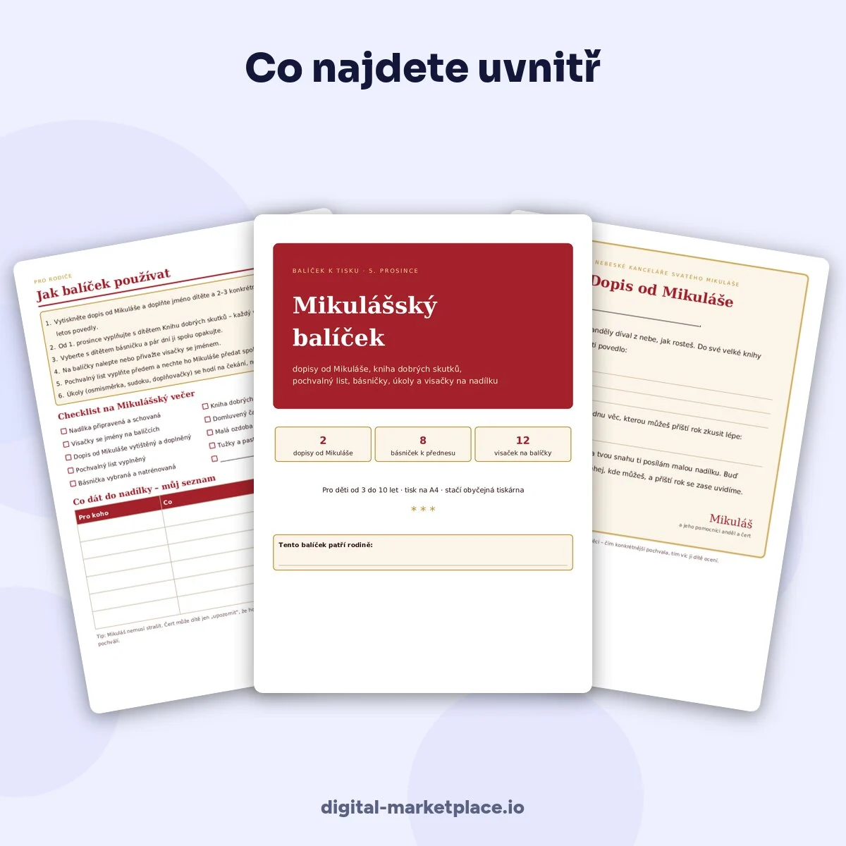 Náhled Mikulášského balíčku k tisku – dopis od Mikuláše, pochvalný list a visačky na nadílku v červeno-zlatých barvách – ukázka 2