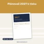 Náhled plánovače 2027 k tisku v námořnické modré a zlaté barvě – titulní strana a ukázky stránek