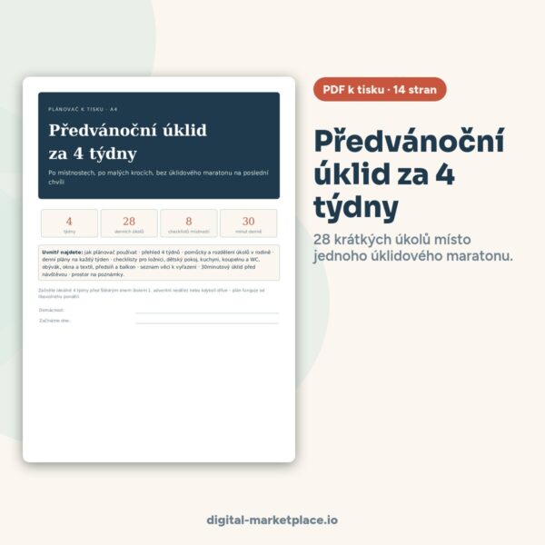 Náhled plánovače Předvánoční úklid za 4 týdny – stránky s denními plány a checklisty místností