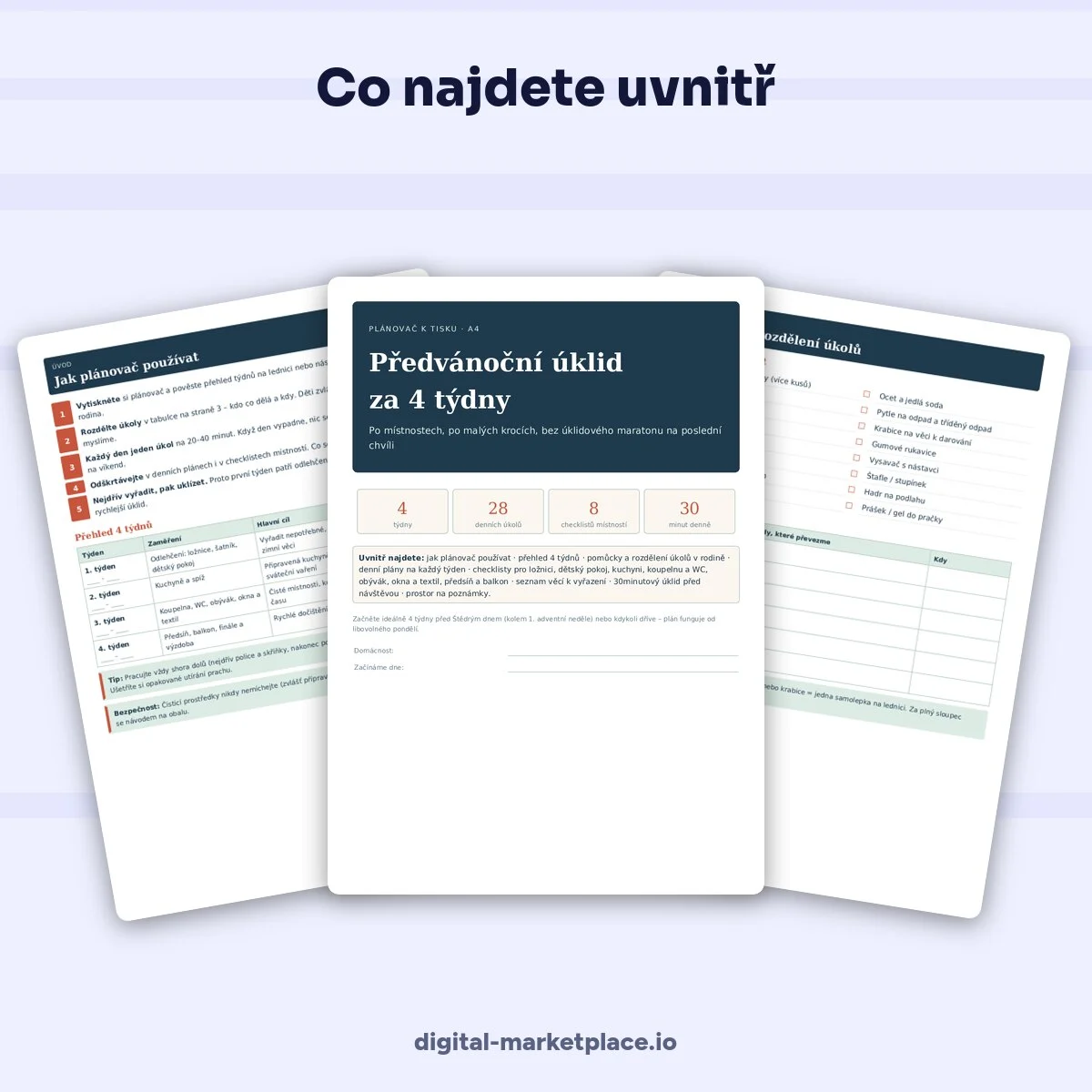 Náhled plánovače Předvánoční úklid za 4 týdny – stránky s denními plány a checklisty místností – ukázka 2