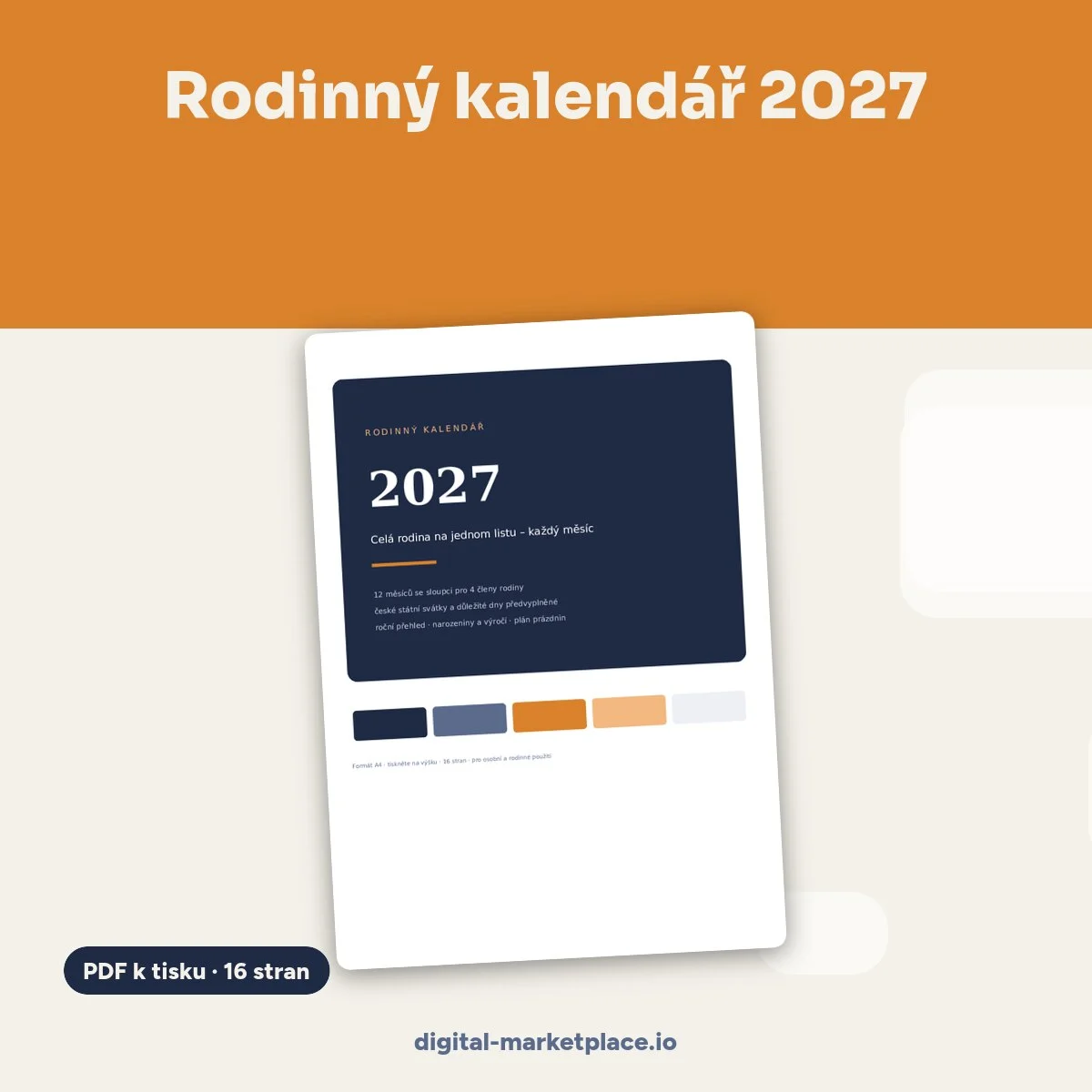 Náhled stránek tisknutelného rodinného kalendáře 2027 se sloupci pro členy rodiny a českými svátky