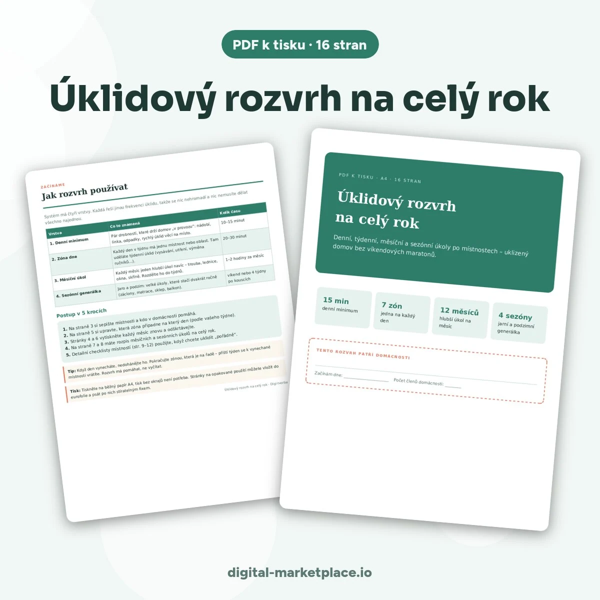 Náhled úklidového rozvrhu na celý rok k tisku – stránky s týdenními zónami a checklisty po místnostech v zeleném designu