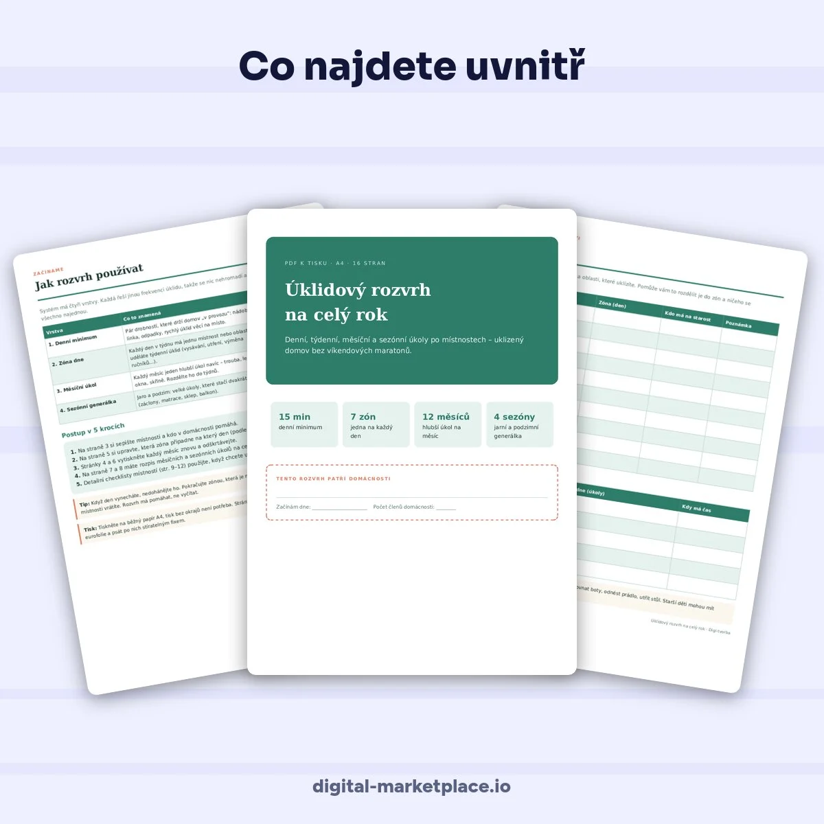 Náhled úklidového rozvrhu na celý rok k tisku – stránky s týdenními zónami a checklisty po místnostech v zeleném designu – ukázka 2